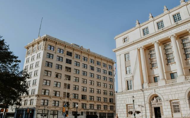Early twentieth-century office buildings at a downtown San Antonio corner